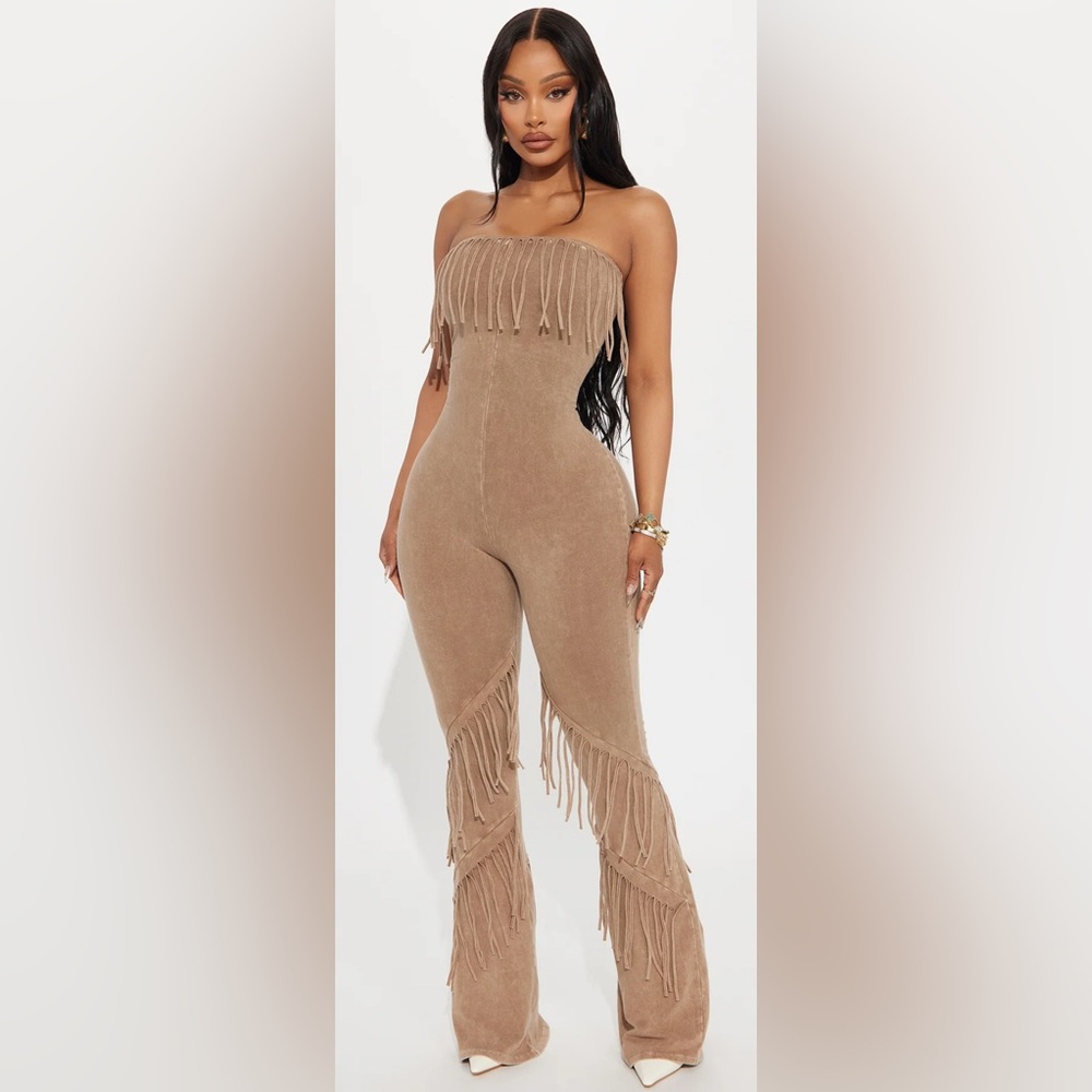 Fashion Nova Strapless Fringe Jumpsuit in Tan